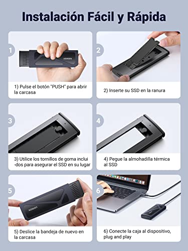 UGREEN Carcasa M.2 Disco Duro, NVME PCIE Caja con UASP Cable USB A to C 0,25m, Adaptador para SSD M.2 SATA M Key, B y M Key, Compatible con 2230/2242/2260/2280 Negro